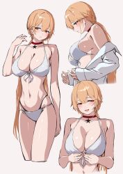  3_small_spiders alternate_costume bare_arms bare_shoulders bikini blonde_hair blush breasts choker cleavage collarbone come_hither commentary_request cropped_legs dot_nose female front-tie_bikini_top front-tie_top girls'_frontline girls'_frontline_2:_exilium groza_(girls'_frontline_2) hair_between_eyes highres large_breasts layered_bikini long_hair looking_at_viewer multiple_views navel orange_eyes ots-14_(girls'_frontline) red_choker shiny_skin sideboob simple_background smile spaghetti_strap stomach swimsuit thighs upper_body white_background white_bikini 