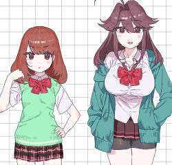  2girls ahoge alternate_costume bow breasts brown_eyes chara_(facing_demons) chara_(undertale) commentary_request facing_demons green_jacket heart_soma highres jacket large_breasts long_hair medium_hair multiple_girls plaid_clothes plaid_skirt red_bow red_eyes skirt small_breasts tagme undertale utdr_(toby_fox) 