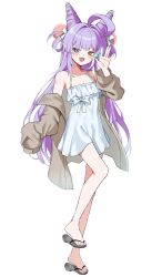  absurdres ahoge blue_eyes bow bowtie breasts brown_jacket cleavage collarbone cone_hair_bun double_bun dress fangs female flip-flops full_body hair_bun hair_ornament hair_ribbon hashtag-only_commentary heterochromia highres jacket jacket_partially_removed long_hair long_sleeves open_mouth pom_pom_(clothes) pom_pom_hair_ornament purple_hair ribbon sandals simple_background sleeveless sleeveless_dress solo stale_beer_(kinonuketa_biiru) stellive tenko_shibuki very_long_hair virtual_youtuber white_background white_bow white_bowtie white_dress white_ribbon yellow_eyes 