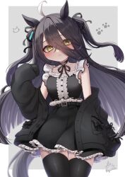  ahoge alternate_costume alternate_hairstyle animal_ears bare_shoulders black_cardigan black_choker black_dress black_hair black_thighhighs blush breasts cardigan cardigan_partially_removed choker closed_mouth collarbone commentary_request dress ear_tag earrings female hair_between_eyes horse_ears horse_girl horse_tail jewelry jirai_kei komaki_yuzu long_bangs long_hair long_hair_between_eyes looking_at_viewer manhattan_cafe_(umamusume) multicolored_hair paw_print shirt single_earring sleeveless sleeveless_shirt small_breasts solo tail thighhighs umamusume very_long_hair white_hair yellow_eyes 