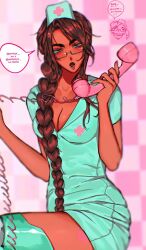  :o alien_stage alternate_costume anniqx artist_name braid breasts brown_hair checkered_background cleavage commentary corded_phone dark-skinned_female dark_skin english_commentary female glasses grey_eyes hair_over_shoulder hat highres holding holding_phone hyuna_(alien_stage) long_hair nurse nurse_cap open_mouth phone pink_background semi-rimless_eyewear single_braid solo speech_bubble very_long_hair 