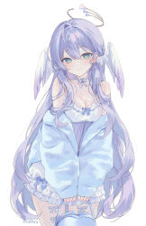  alternate_costume aqua_eyes bag blue_choker blue_hair blue_jacket breasts choker cleavage closed_mouth commentary_request corset cowboy_shot dress earrings female fishnet_pantyhose fishnets frilled_dress frills hair_between_eyes halo head_wings highres holding holding_bag honkai:_star_rail honkai_(series) jacket jewelry light_blush long_hair medium_breasts open_clothes open_jacket own_hands_together pantyhose rering robin_(honkai:_star_rail) simple_background single_earring sleeves_past_wrists smile solo twitter_username v_arms very_long_hair web_address white_background white_dress wings 