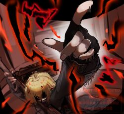  1boy arm_up black_cape black_gloves black_mouth black_shirt black_sleeves blonde_hair blood blood_in_hair cape commentary_request crazy_smile e.g.o_(project_moon) facing_down fingerless_gloves fingernails from_above gloves hand_up harmony_(e.g.o) highres holding holding_instrument index_finger_raised instrument limbus_company long_sleeves male_focus music musical_note obscured_eyes playing_instrument pointing pointing_up project_moon shirt short_hair sinclair_(project_moon) smile solo suisei0708 twitter_username watermark 