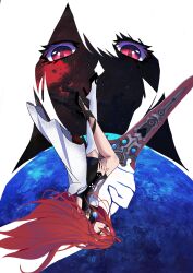  2girls absurdres blue_fire commentary dress elizabeth_rose_bloodflame fire full_body highres holding holding_sword holding_weapon hololive hololive_english long_hair multiple_girls nerissa_ravencroft red_eyes red_hair solo_focus sword untranslatable_commentary upside-down very_long_hair virtual_youtuber weapon white_dress yakuyaku 