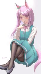 animal_ears aqua_bow aqua_dress black_pantyhose blush bow casual closed_mouth commentary_request dress ear_bow ear_ribbon female highres horse_ears horse_girl horse_tail long_hair long_sleeves mejiro_mcqueen_(casual)_(umamusume) mejiro_mcqueen_(umamusume) pantyhose pinafore_dress purple_eyes purple_hair purple_ribbon ribbon shirt shoes sleeveless sleeveless_dress smile solo tail tongue tongue_out umamusume uryua0324 white_shirt 