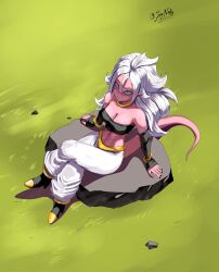  android_21 bare_shoulders black_tube_top blush breasts cleavage colored_skin crossed_legs dragon_ball dragon_ball_fighterz female grass grey_hair highres ivyrandomart large_breasts long_hair majin_android_21 pants pink_skin pointy_ears sitting solo strapless tube_top twitter_username white_pants 