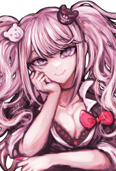  bear_hair_ornament black_shirt blonde_hair blue_eyes bow breasts cleavage collarbone commentary_request danganronpa_(series) enoshima_junko female hair_ornament hand_up highres large_breasts nail_polish red_bow red_nails shirt smile tsukihi_shida twintails 