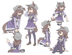  animal_ears arm_up beanie beer_hsk black_thighhighs bow brown_hair brown_shoes closed_eyes closed_mouth commentary_request cropped_legs ears_through_headwear female grey_hat hair_between_eyes hat horse_ears horse_girl horse_tail long_hair multiple_views nakayama_festa_(umamusume) pleated_skirt purple_eyes purple_shirt purple_skirt school_uniform shirt shoes simple_background skirt striped_clothes striped_headwear tail thighhighs tracen_school_uniform umamusume v-shaped_eyebrows vertical-striped_clothes vertical-striped_headwear white_background white_bow 