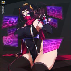  bare_shoulders black_dress black_gloves black_hair black_thighhighs blue_eyes breasts dclaret demon_girl demon_horns digimon digimon_(creature) dress eyeshadow facial_mark female fingerless_gloves forehead_mark gloves hair_bun highres holding holding_knife holographic_interface horns knife kunai kuramon large_breasts lilithmon makeup mask mouth_mask ninja pointy_ears purple_eyeshadow red_mask red_scarf scarf solo thighhighs weapon 