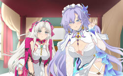  2girls absurdres ahoge apron blue_eyes breasts cantarella_(wuthering_waves) carlotta_(wuthering_waves) cleavage commentary english_commentary enmaided flower frilled_hairband frills gem green_gem hair_flower hair_ornament hairband highres indoors large_breasts long_hair looking_at_viewer maid maid_headdress mfazral multiple_girls purple_hair very_long_hair white_apron white_eyes white_hair window wuthering_waves 