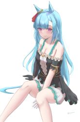  animal_ears asymmetrical_gloves asymmetrical_sleeves bare_shoulders black_dress black_gloves blue_hair blush braid breasts center_frills cleavage closed_mouth collarbone commentary_request crown_braid dress ear_ribbon female frills gloves highres horse_ears horse_girl horse_tail long_hair looking_at_viewer medium_breasts mejiro_ardan_(crystalline)_(umamusume) mejiro_ardan_(umamusume) mismatched_gloves off-shoulder_dress off_shoulder purple_eyes simple_background sitting smile solo tail umamusume uneven_sleeves uryua0324 white_gloves 