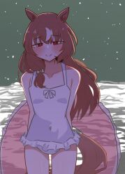  absurdres alternate_costume animal_ears blush breasts brown_hair commentary_request female fly_dose highres horse_ears horse_tail innertube long_hair looking_at_viewer ocean red_eyes school_uniform sky small_breasts smile solo still_in_love_(umamusume) swim_ring tail umamusume 