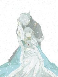  1boy anastasia_(fate) aqua_cape aqua_eyes arm_up black_pants black_shirt black_sleeves blood blood_on_clothes blue_gem brooch cape commentary_request cross-laced_clothes cross-laced_sleeves dress dying eyelashes facing_another fate/grand_order fate_(series) female fur-trimmed_cape fur-trimmed_sleeves fur_trim gem grey_hair hair_over_one_eye hand_on_another's_hand hand_on_own_stomach head_down highres hole_in_chest hole_on_body injury jewelry kadoc_zemlupus kneeling korean_commentary long_hair looking_at_another lying_on_person olz7lkunn outdoors pants shirt short_sleeves smile snowing star_(symbol) star_print strapless strapless_dress tsurime white_background white_dress 