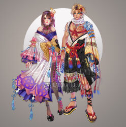  1boy abs alternate_costume artist_name bare_shoulders blonde_hair blue_eyes brown_hair closed_mouth commentary english_commentary female final_fantasy final_fantasy_x full_body green_eyes grey_background hair_ornament heterochromia highres ilabarattolo looking_at_viewer pantyhose rope sandals scarf short_hair standing tidus white_scarf yuna_(ff10) 