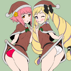  2girls ;) absurdres alternate_costume blonde_hair blush breasts christmas closed_mouth commentary_request drill_hair earrings elise_(fire_emblem) finger_to_mouth fire_emblem fire_emblem_fates from_behind hand_up hat highres jewelry looking_at_viewer looking_back multiple_girls nemonemonerune one_eye_closed panties pink_eyes pink_hair presenting purple_eyes purple_hair red_panties sakura_(fire_emblem) santa_costume santa_hat shushing shy small_breasts smile thighs twin_drills underwear white_panties 
