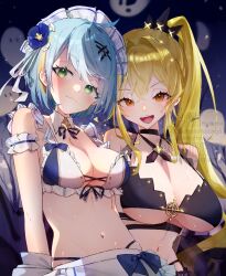  2girls black_bra black_choker black_ribbon blonde_hair blue_bra blue_flower blue_hair bra breasts character_request choker commentary_request flower green_eyes hair_flower hair_ornament hair_ribbon highres kuuri_(reverseblue) large_breasts maid_headdress medium_breasts multiple_girls navel red_eyes reverseblue_x_re-birthend ribbon ruto_(rutodesu) side_ponytail teeth two-tone_bra two-tone_swimsuit underwear upper_teeth_only white_bra 