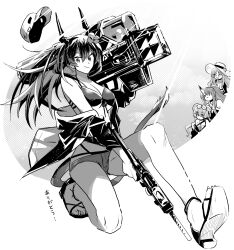  4girls arknights bare_shoulders baseball_cap bikini breasts ch'en_(arknights) ch'en_the_holungday_(arknights) cleavage closed_mouth commentary_request dragon_girl dragon_horns dragon_tail eyewear_on_head flower full_body greyscale gun hair_flower hair_ornament hat highres holding holding_gun holding_weapon horns horns_through_headwear hoshiguma_(arknights) iwashi_80 jacket lin_(arknights) long_hair looking_at_viewer medium_breasts micro_shorts monochrome multiple_girls off_shoulder on_one_knee open_clothes open_jacket over_shoulder sandals short_shorts shorts single_horn smile solo_focus sunglasses swimsuit swire_(arknights) tail translation_request unworn_hat unworn_headwear weapon weapon_over_shoulder 
