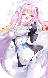  ;d angel_wings apron black_dress black_scrunchie blue_archive blush bow breasts cano852 cleavage dress enmaided feathered_wings female flower food frilled_dress frilled_ribbon frills gradient_halo hair_flower hair_ornament hair_ribbon hair_scrunchie halo highres holding holding_plate juliet_sleeves ketchup large_breasts long_hair long_sleeves looking_at_viewer low_wings maid mika_(blue_archive) multicolored_halo official_alternate_costume omelet omurice one_eye_closed open_mouth pantyhose pink_hair pink_halo plate puffy_sleeves purple_eyes ribbon scrunchie simple_background smile solo twintails very_long_hair white_background white_pantyhose white_wings wing_ornament wings yellow_eyes 