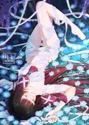  absurdres bandages barefoot black_hair blue_flower breasts closed_eyes columbina_(genshin_impact) commentary english_commentary eye_mask female flower genshin_impact head_wings highres leg_up long_hair loose_bandages lying mask multicolored_hair naked_bandage on_back on_ground purple_hair small_breasts solo wings yuzufurii 