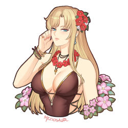  alternate_costume armpits bare_arms bare_shoulders blonde_hair blue_eyes blush bracelet breasts brown_one-piece_swimsuit casual_one-piece_swimsuit clarisse_(fire_emblem) cleavage closed_mouth commentary cropped_torso earrings english_commentary female fire_emblem fire_emblem:_mystery_of_the_emblem fire_emblem:_new_mystery_of_the_emblem flower flower_necklace hair_flower hair_ornament jewelry large_breasts long_hair looking_at_viewer meziosaur nail_polish necklace one-piece_swimsuit pink_nails ring sideboob simple_background solo swimsuit upper_body very_long_hair white_background 