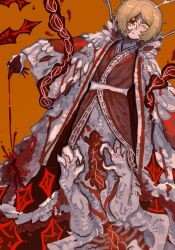  1boy blonde_hair blood blood_drip blood_on_clothes bright_pupils claws closed_mouth coat commentary_request e.g.o_(project_moon) extra_hands gatti_love highres horns leaning_to_the_side limbus_company looking_at_viewer male_focus orange_background project_moon red_robe robe sash short_hair sinclair_(project_moon) solo tears_of_the_tarnished_blood_(e.g.o) white_coat white_hands white_horns white_pupils white_sash yellow_eyes 