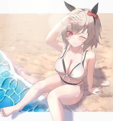  absurdres animal_ears bare_shoulders beach bikini black_bikini black_hairband blush bow breasts cleavage closed_mouth collarbone commentary curren_chan_(umamusume) ear_bow ear_covers female grey_hair hair_between_eyes hairband highres horse_ears horse_girl horse_tail large_breasts looking_at_viewer navel ocean outdoors purple_eyes red_bow short_hair sitting solo stomach sweat swimsuit tail umamusume uryua0324 water wet white_bikini wide_sleeves 