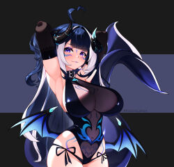  absurdres ahoge belt_collar black_gloves black_leotard body_markings breasts cetacean_tail collar demon_horns elbow_gloves facial_mark female fins fish_tail gloves heart heart_ahoge highres horns indie_virtual_youtuber kimarislibran large_breasts leotard long_hair looking_at_viewer low_wings multicolored_hair navel orca_girl pubic_tattoo purple_eyes see-through_cleavage see-through_clothes shylily shylily_(succubus) solo streaked_hair tail tattoo virtual_youtuber white_hair wings 