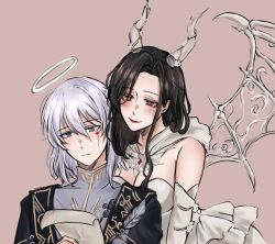  1boy angel_and_devil bare_shoulders black_hair black_robe blue_eyes breasts bright_pupils brooch brown_background chest_jewel closed_mouth commentary cross cross_facial_mark demon_girl demon_horns demon_wings detached_hood dot_nose dress elbow_gloves english_commentary expressionless eyelashes facial_mark feathers female flower frilled_dress frills gem gloves goddess_of_desire_(shining_nikki) grey_shirt hair_between_eyes halo happy highres holding holding_paper hood hood_down horn_flower horns hug hug_from_behind jewelry large_breasts leonid_(shining_nikki) light_blush light_frown lipstick long_hair long_sidelocks long_sleeves low_neckline makeup marking_on_cheek medium_hair nikki_(series) nonoberry22 open_clothes open_robe paper reading red_eyes red_gem red_lips robe shining_nikki shirt sidelocks simple_background skeletal_wings slit_pupils smile stole straight strapless strapless_dress traditional_halo translucent_horns turtleneck turtleneck_shirt upper_body wavy_hair white_dress white_flower white_gloves white_hair white_halo white_hood white_horns white_pupils white_wings wings 