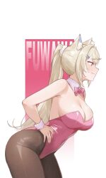 animal_ear_fluff animal_ears breasts cleavage commentary dial_kasper dog_ears dog_girl female fuwawa_abyssgard high_ponytail highres hololive hololive_english large_breasts leotard long_hair multicolored_hair pantyhose pink_eyes playboy_bunny ponytail streaked_hair untranslatable_commentary virtual_youtuber 