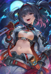  :d belt black_belt black_hair black_survival breasts breasts_apart cano852 commentary cowboy_shot crop_top eternal_return:_black_survival female gloves hair_between_eyes hair_intakes hairband highres hisui_(black_survival) holding holding_sword holding_weapon jacket katana long_sleeves looking_at_viewer medium_breasts medium_hair midriff mole mole_under_eye moon multicolored_hair navel open_clothes open_jacket open_mouth over_shoulder pants red_gloves sharp_teeth sheath smile solo stomach sword teeth two_side_up weapon weapon_over_shoulder white_jacket white_pants 