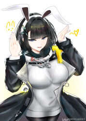  absurdres alternate_breast_size_(larger) animal_ear_hairband animal_ears arknights arknights:_endfield bilibili_watermark black_coat black_hair black_pantyhose blue_eyes breasts chinese_commentary coat commentary_request cowboy_shot endministrator_(arknights) fake_animal_ears female female_endministrator_(arknights) hairband heart highres large_breasts long_sleeves looking_at_viewer open_clothes open_coat open_mouth pantyhose rabbit_ear_hairband rabbit_ears rabbit_pose short_hair smile solo standing watermark white_background white_hairband xiwang_ni_kaixin_de_suo_suo_zi yellow_background 
