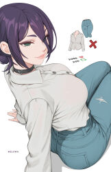  absurdres arm_support black_choker blue_pants breasts chainsaw_man choker closed_mouth commentary denim english_commentary female green_eyes hair_between_eyes highres jeans large_breasts long_sleeves looking_at_viewer melowh pants purple_hair reze_(chainsaw_man) shirt short_hair simple_background solo white_background white_shirt 