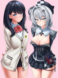  2girls arms_behind_back azur_lane black_hair black_skirt blue_eyes bow bowtie breasts cardigan chains cleavage commentary_request cowboy_shot cross grey_hair gridman_universe grin hair_bun highres iron_cross jade_(azur_lane) koutarou_(plusdrive) long_hair long_sleeves looking_at_viewer mole mole_under_eye multiple_girls pink_background pleated_skirt red_bow red_bowtie school_uniform shirt simple_background single_side_bun skirt smile ssss.gridman sweatdrop takarada_rikka thigh_strap thighs white_shirt 