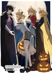  3girls :d ahoge alternate_costume animal_ears animal_hands apron archetype_earth archetype_earth_(third_ascension) arcueid_brunestud arms_behind_back black_dress black_hair blonde_hair blush breasts cape capelet cat_ears cat_girl cat_tail cleavage closed_mouth commentary commission cosplay crossed_arms dress fake_animal_ears fake_tail fate/grand_order fate_(series) formal_clothes frilled_apron frills full_moon gloves hair_intakes halloween halloween_bucket hand_on_own_chest harem high_heels highres huge_breasts leaning_forward leotard little_red_riding_hood_(fairy_tale_character) little_red_riding_hood_(fairy_tale_character)_(cosplay) long_hair moon multiple_girls night oerba_yun_fang pantyhose paw_gloves reaching reaching_towards_another red_capelet shintyoi2 short_hair sky smile star_(sky) starry_sky tail thighhighs tohno_shiki tsukihime tsukihime_(remake) vampire_costume very_long_hair 