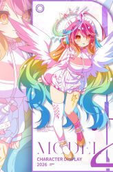  :3 :p angel angel_wings animal_ears apron asymmetrical_legwear bird_ears breasts commentary_request cross feathered_wings female gradient_hair halo highres jacket jersey_maid jibril_(no_game_no_life) large_breasts long_hair low_wings magic_circle maid maid_apron maid_headdress mismatched_legwear multicolored_eyes multicolored_hair naughty_face no_game_no_life orange_eyes pink_hair smile solo spiked_halo tattoo tongue tongue_out track_jacket unconventional_maid very_long_hair white_jacket white_wings wing_ears wings yellow_eyes yoimachiyomi 