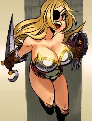  alex_ahad armor asymmetrical_dual_wielding bikini_armor black_boots blonde_hair boots breasts bride_of_en buckler cleavage dual_wielding eyepatch female fighting_stance freya_(bride_of_en) full_body highres holding holding_shield holding_sword holding_weapon large_breasts long_hair metal_bra one_eye_covered open_mouth original red_eyes shield skull_belt solo sword teeth upper_teeth_only weapon 