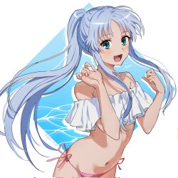  alternate_eye_color aqua_eyes arms_up bare_shoulders bikini ci31205 collarbone commentary_request dated female floating_hair frilled_bikini frills hair_between_eyes highres index_(toaru_majutsu_no_index) long_hair looking_at_viewer navel open_mouth parted_bangs ponytail sidelocks simple_background solo swimsuit toaru_majutsu_no_index upper_body white_background 
