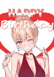  bare_shoulders batto_neko blonde_hair breasts cleavage dress earrings female hair_bun happy_birthday heart highres jewelry kitagawa_marin large_breasts one_eye_closed parted_lips red_dress red_eyes smile solo sono_bisque_doll_wa_koi_wo_suru upper_body white_background 