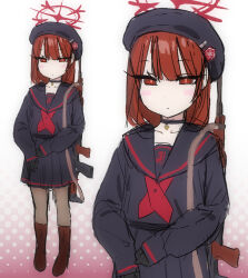  chara_(undertale) commentary_request cosplay female genderswap_(otf) gun halo heart_soma highres justice_task_force_member_(blue_archive) justice_task_force_member_(blue_archive)_(cosplay) long_eyelashes red_eyes rifle rule_63 school_uniform tagme undertale utdr_(toby_fox) weapon 