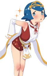  blue_eyes blue_hair bright_pupils commentary_request detached_sleeves female highres lana_(new_year's_2026)_(pokemon) lana_(pokemon) looking_at_viewer no_sclera official_alternate_costume open_mouth pokemon pokemon_masters_ex pokemon_sm short_hair simple_background solo sorian66 sparkle thighs white_background 