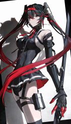  absurdres artist_name black_hair black_skirt bright_pupils cowboy_shot female gradient_hair hair_between_eyes hair_ornament hashtag-only_commentary headgear highres holding holding_sword holding_weapon long_hair looking_at_viewer lucia:_dawn_(pgr) lucia_(pgr) mechanical_arms mechanical_legs multicolored_hair pleated_skirt pouch punishing:_gray_raven red_eyes red_hair red_streaks skirt solo standing streaked_hair sword takamatu_hajime thigh_pouch twintails weapon white_pupils x_hair_ornament 