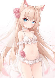  animal_ear_fluff animal_ears bikini blue_eyes breasts cat_ears cat_girl closed_mouth commentary_request commission female flower gloves hair_flower hair_ornament highres long_hair looking_at_viewer mochizuki_riku navel original skeb_commission small_breasts solo swimsuit veil white_bikini 
