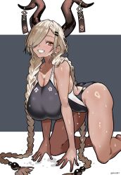  absurdres aiuti all_fours alternate_costume azur_lane black_background black_one-piece_swimsuit blonde_hair braid breasts commentary competition_swimsuit dark-skinned_female dark_skin female hair_over_one_eye highleg highleg_one-piece_swimsuit highres horns huge_breasts large_breasts long_hair looking_at_viewer mole mole_under_mouth one-piece_swimsuit owari_(azur_lane) smile solo swimsuit twitter_username two-tone_swimsuit very_long_hair white_background yellow_eyes 