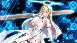  bare_shoulders blonde_hair blush breast_curtains breasts bridal_gauntlets chest_jewel circlet cleavage cleavage_cutout closed_mouth clothing_cutout cowboy_shot detached_sleeves double_blade dress dutch_angle elbow_gloves etheria_(seimetsu_reiki_etherea) female game_cg garter_straps gem gloves gold_trim green_gem hair_between_eyes halo hinase_sheffield_kamishirouzu holding holding_sword holding_weapon huge_breasts jewelry kutan large_breasts large_variant_set long_hair looking_at_viewer magical_girl non-web_source nun official_art over_shoulder pelvic_curtain seimetsu_reiki_etherea self-datamine solo sparkle sword thighhighs thighs variant_set veil very_long_hair weapon weapon_over_shoulder white_dress white_garter_straps white_gloves white_thighhighs white_veil yellow_eyes 