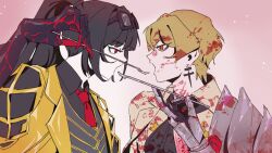  1boy armor ascot black-framed_eyewear black_ascot black_hair black_hands black_jacket black_shirt blonde_hair blood blood_in_hair blood_on_armor blood_on_clothes blood_on_face blood_on_neck blunt_bangs claws coat coat_on_shoulders collared_shirt colored_extremities contempt_awe_(e.g.o) dress_shirt e.g.o_(project_moon) earrings eyewear_on_head female gauntlets high_ponytail highres holding jacket jewelry lapels limbus_company looking_at_another n_corp._e.g.o_(identity)_(project_moon) n_corp._fanatic_(identity)_(project_moon) nabwuchang necktie open_clothes open_jacket open_mouth orange_eyes pauldrons pink_background ponytail project_moon red_eyes red_necktie ryoshu_(project_moon) shirt short_hair shoulder_armor sidelocks sinclair_(project_moon) single_gauntlet single_pauldron suit_jacket tsurime undershirt wax_seal white_coat yellow_jacket 