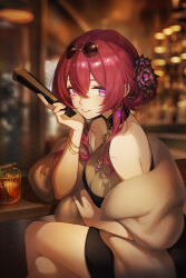  absurdres alcohol black_dress blurry blurry_background breasts cleavage commentary_request cup dress earrings eyewear_on_head female flower hair_flower hair_ornament hand_fan highres holding holding_fan honkai:_star_rail honkai_(series) jewelry kafka_(honkai:_star_rail) large_breasts looking_at_viewer parted_lips purple_eyes purple_hair short_hair solo whiskey yu-cloud 