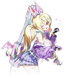  5oh5s2 animal_ears bandaid bandaid_on_cheek bandaid_on_face bare_shoulders belt black_gloves blonde_hair blue_skirt blush breasts caramel_(stella_sora) choker cleavage cowboy_shot demon_wings drill_hair extra_ears female fingerless_gloves gloves guitar_case hair_ornament hair_ribbon hashtag-only_commentary highres instrument_case jacket large_breasts layered_skirt long_hair long_sleeves looking_at_viewer miniskirt multicolored_hair off_shoulder open_clothes open_jacket open_mouth purple_hair purple_jacket red_eyes ribbon shirt sidelocks skirt sleeveless sleeveless_shirt smile solo spaghetti_strap standing star_(symbol) star_hair_ornament stella_sora strap_gap streaked_hair tail thighs twin_drills twintails two-tone_hair very_long_hair white_choker white_shirt wings 