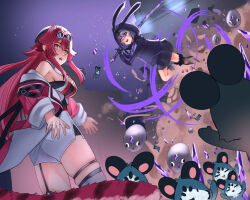  2girls animal_ears ass bandaid bandaid_on_cheek bandaid_on_face bandaid_on_nose beret black_garter_straps black_hat blush breasts chattino_(raora_panthera) coat commentary garter_straps goggles hair_intakes hat highres holding holding_sword holding_weapon hololive hololive_english hood hoodie jetpack komori_hiki_(hikienlaventana) koseki_bijou large_breasts long_sleeves medium_hair multiple_girls night open_mouth panther_ears panther_girl panther_tail pebble_(koseki_bijou) pink_coat pink_hair pink_tail purple_hair purple_hoodie purple_skirt raora_panthera raora_panthera_(1st_costume) shirt shorts single_garter_strap skirt sleeveless sleeveless_shirt sword tail thigh_strap thighhighs thighs virtual_youtuber weapon white_shirt white_shorts white_thighhighs yellow_eyes 