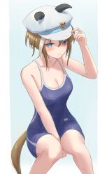  animal_ears bare_shoulders blue_eyes blue_one-piece_swimsuit blush breasts brown_hair cheval_grand_(umamusume) cleavage closed_mouth collarbone commentary_request competition_school_swimsuit ear_covers ears_through_headwear female hair_between_eyes hat hat_belt highres horse_ears horse_girl horse_tail medium_breasts medium_hair multicolored_hair one-piece_swimsuit peaked_cap school_swimsuit single_vertical_stripe solo streaked_hair swimsuit tail tracen_swimsuit umamusume uryua0324 white_hair white_hat 