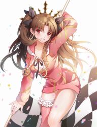  black_ribbon blush breasts brown_hair chaye_(2801185778) checkered_flag commentary_request confetti cowboy_shot curtained_hair earrings fate/grand_order fate_(series) female flag frilled_thigh_strap fur-trimmed_hood fur-trimmed_thighhighs fur_trim gold_earrings grin hair_ribbon highres holding holding_flag hood hood_down hoop_earrings ishtar_(fate) ishtar_(swimsuit_rider)_(fate) jacket jewelry leaning_forward long_hair long_sleeves looking_at_viewer medium_breasts parted_bangs pink_jacket red_eyes ribbon simple_background single_thighhigh smile solo standing swimsuit swimsuit_under_clothes thigh_strap thighhighs two_side_up white_background 